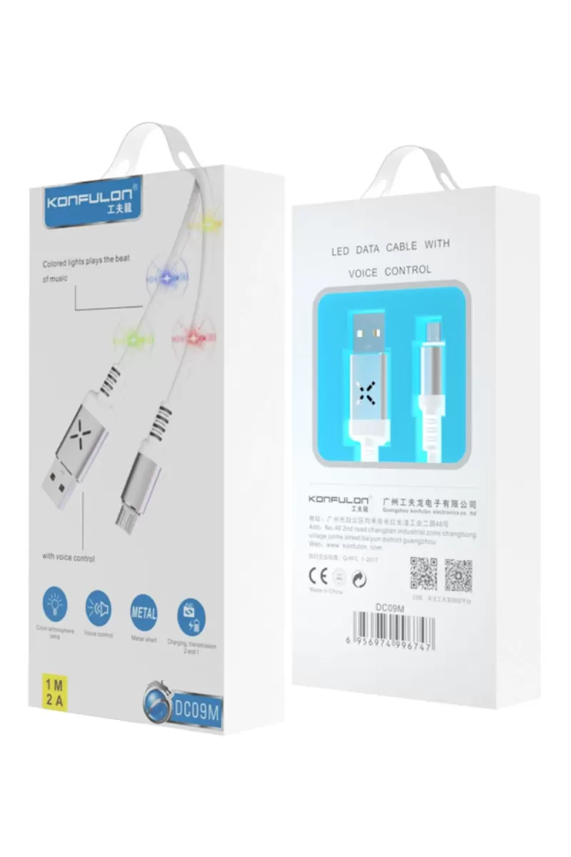 Konfulon DC09 Ses Duyarlı Işıklı Micro USB Kablo 1M 2A - Beyaz