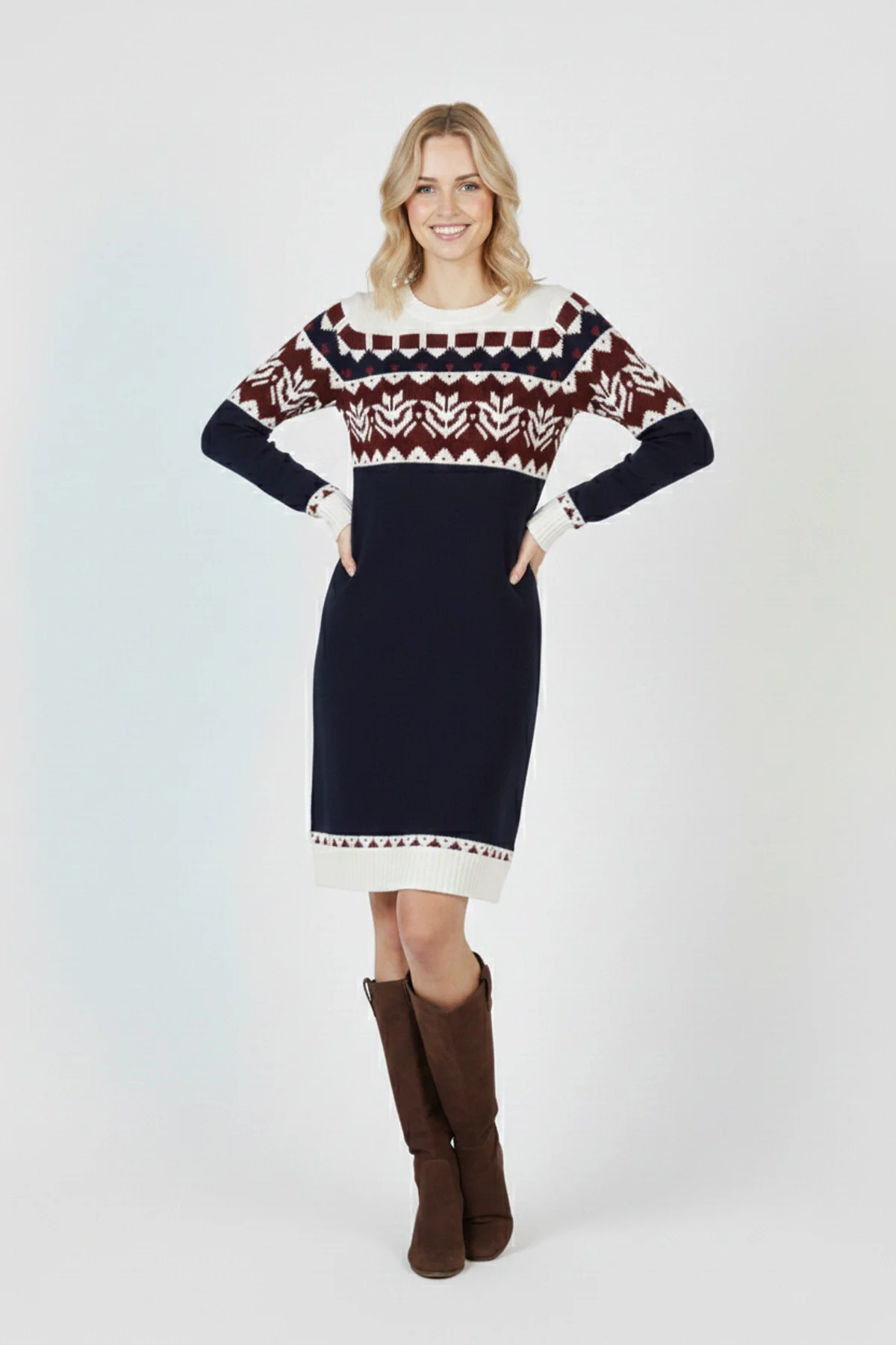 Kadın Lacivert Desenli Bisiklet Yaka Uzun Kollu Jakarlı Triko Kazak Elbise