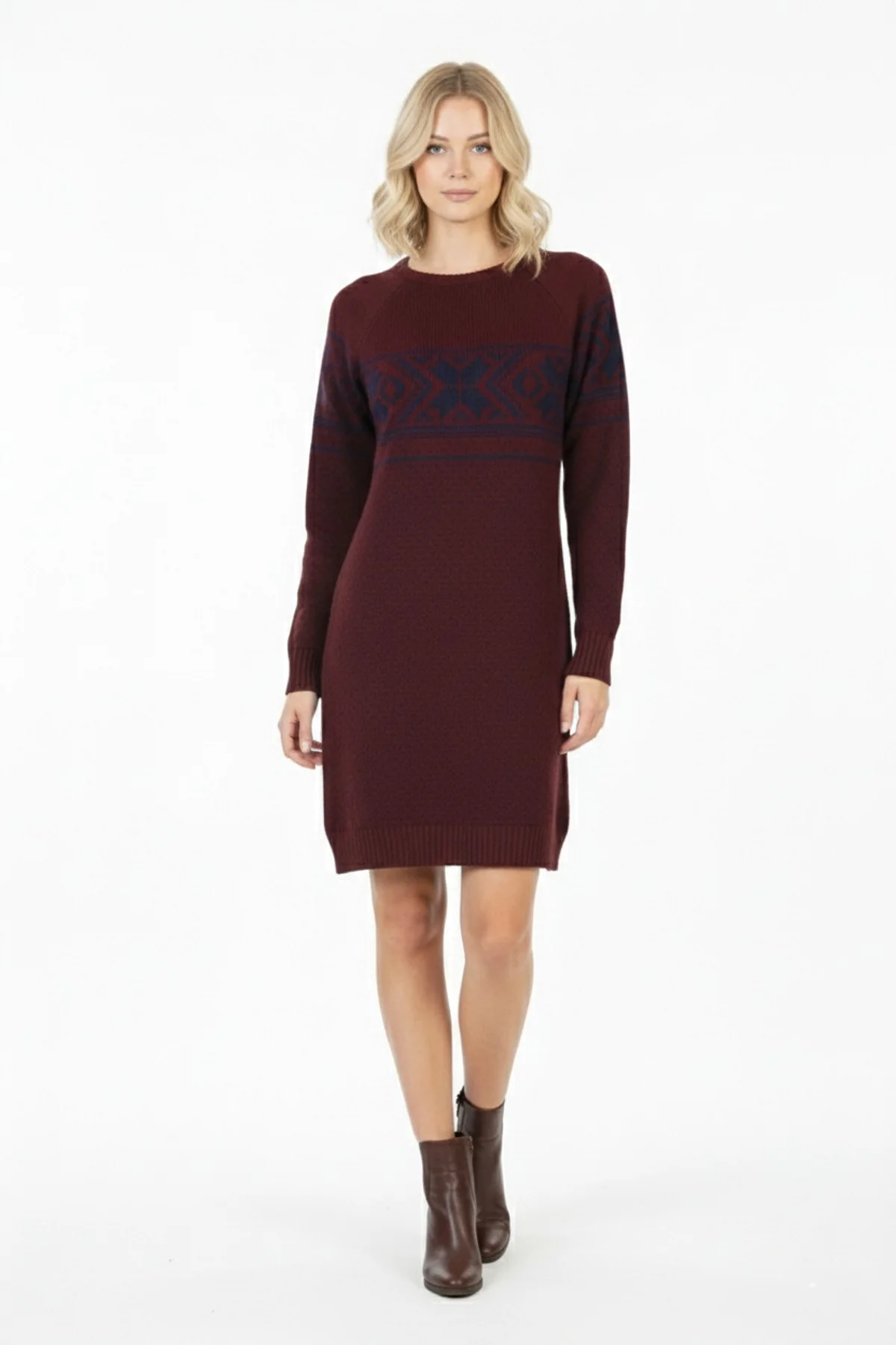 Kadın Bordo Kar Tanesi Desenli Bisiklet Yaka Raglan Kol Jakarlı Triko Mini Kazak Tunik