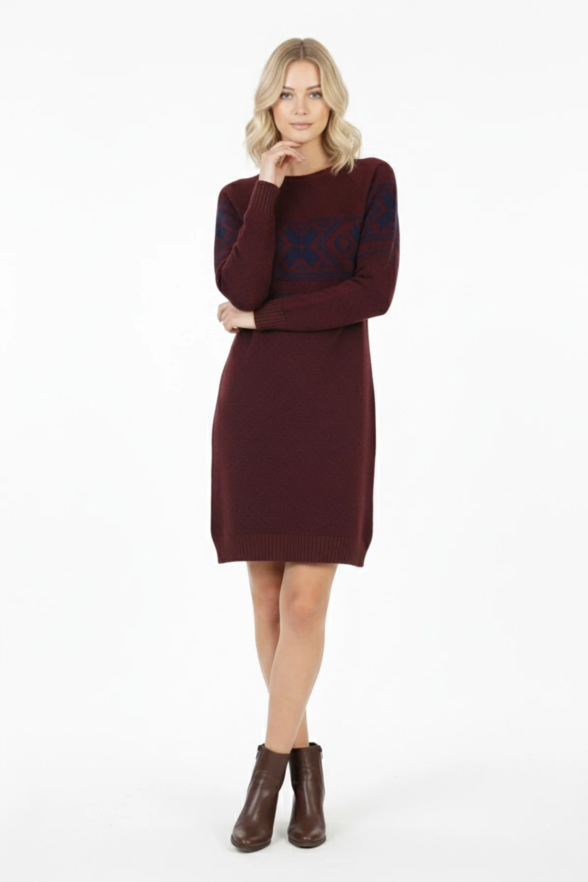 Kadın Bordo Kar Tanesi Desenli Bisiklet Yaka Raglan Kol Jakarlı Triko Mini Kazak Tunik