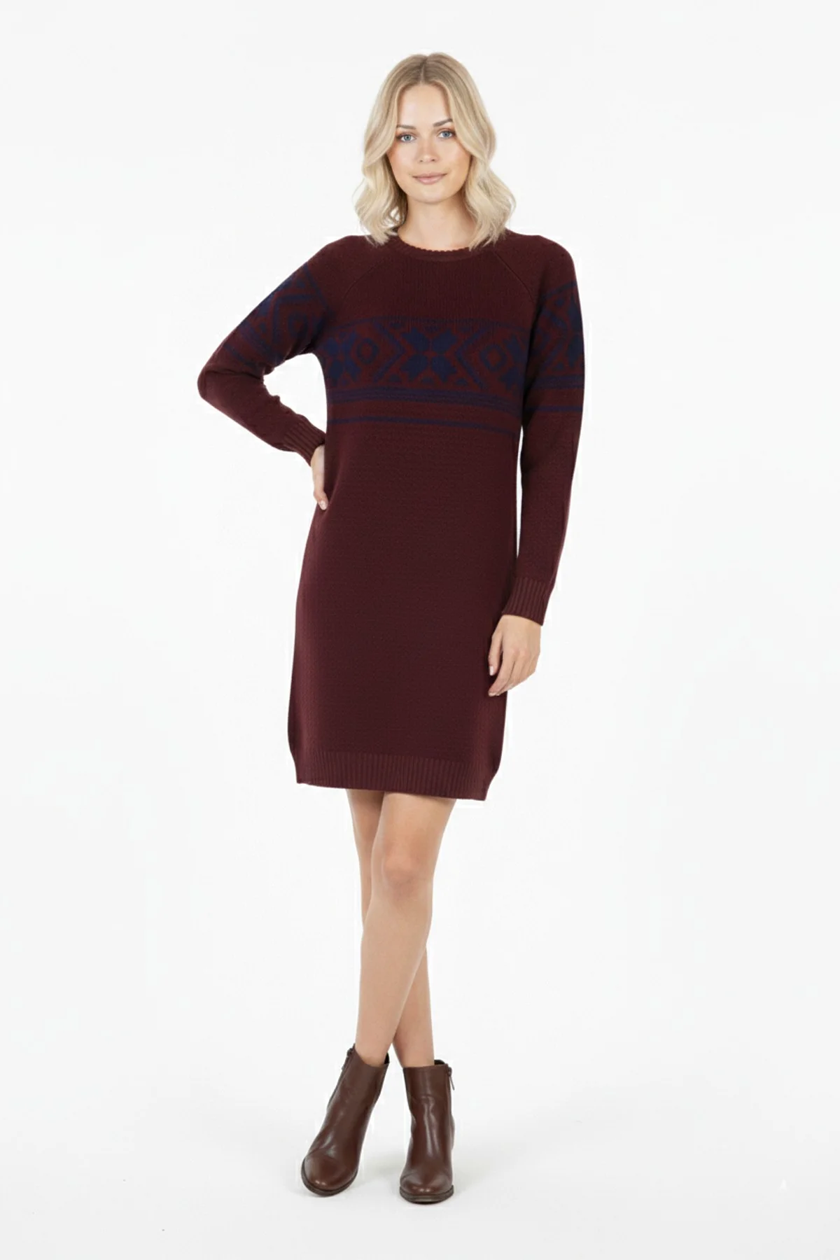 Kadın Bordo Kar Tanesi Desenli Bisiklet Yaka Raglan Kol Jakarlı Triko Mini Kazak Tunik