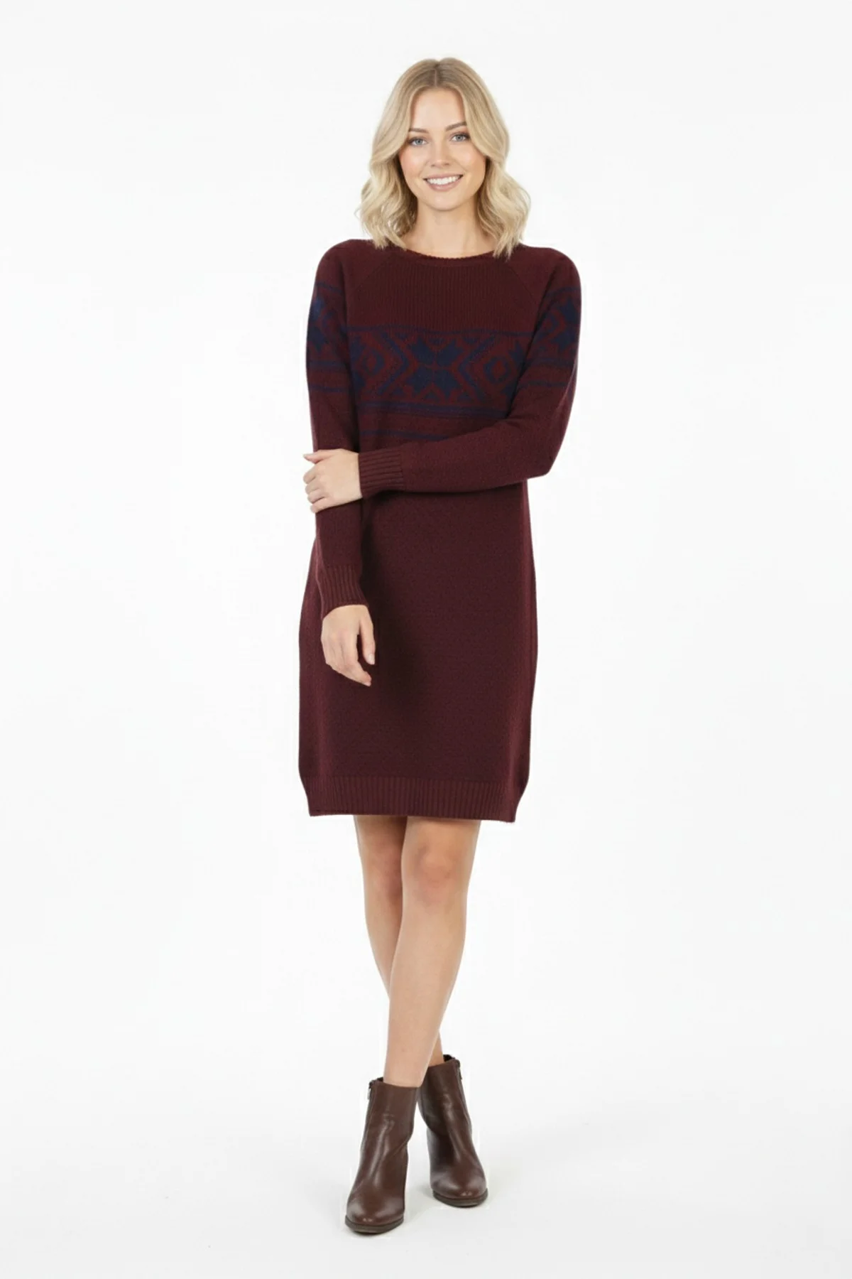 Kadın Bordo Kar Tanesi Desenli Bisiklet Yaka Raglan Kol Jakarlı Triko Mini Kazak Tunik