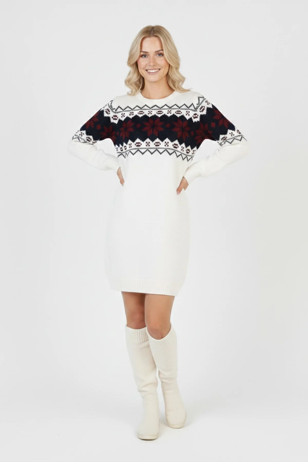 Kadın Beyaz Bel Desenli Bisiklet Yaka Standart Kol Jakarlı Örgü Triko Kazak Elbise