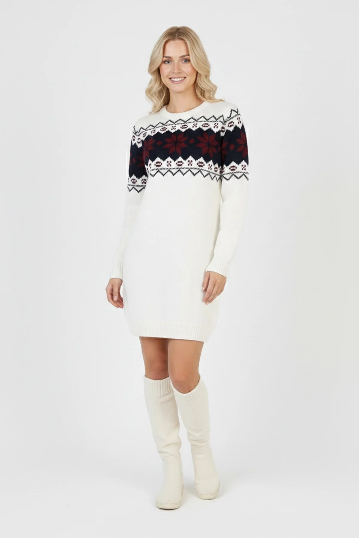 Kadın Beyaz Bel Desenli Bisiklet Yaka Standart Kol Jakarlı Örgü Triko Kazak Elbise