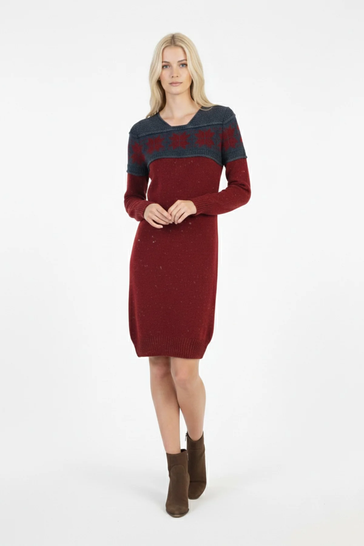 Kadın Bordo Kar Tanesi Desenli Bisiklet Yaka Uzun Kollu Jakarlı Mini Triko Kazak Elbise