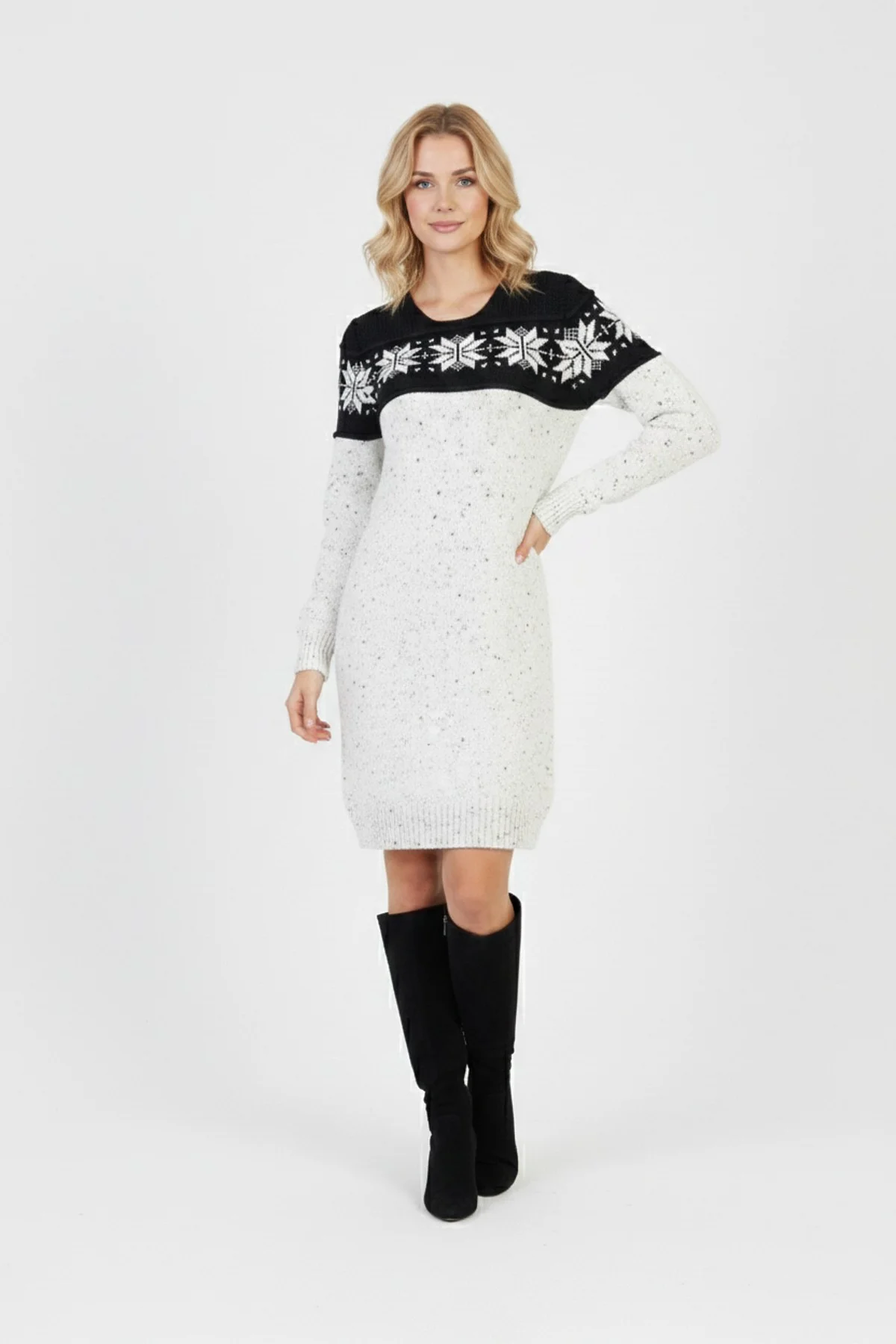 Kadın Beyaz Kar Tanesi Desenli Bisiklet Yaka Uzun Kollu Jakarlı Mini Triko Kazak Elbise