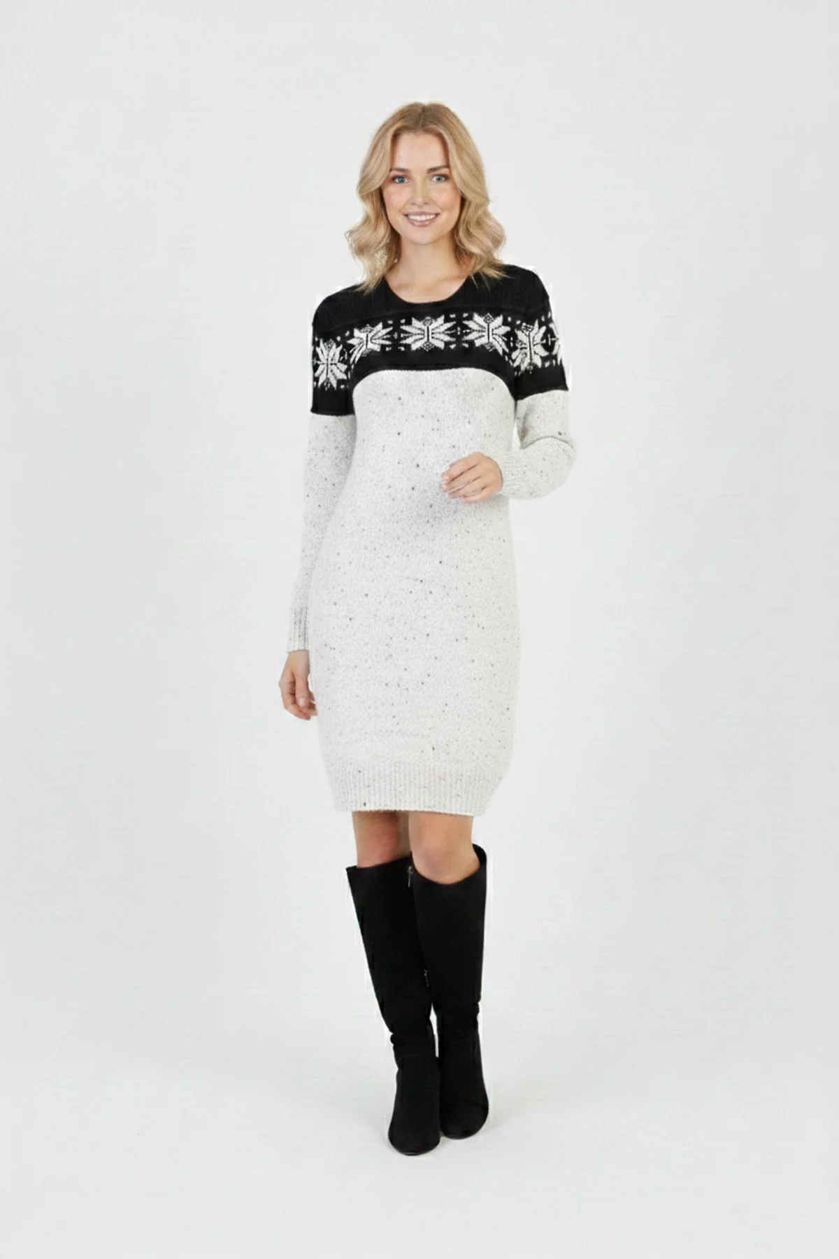 Kadın Beyaz Kar Tanesi Desenli Bisiklet Yaka Uzun Kollu Jakarlı Mini Triko Kazak Elbise