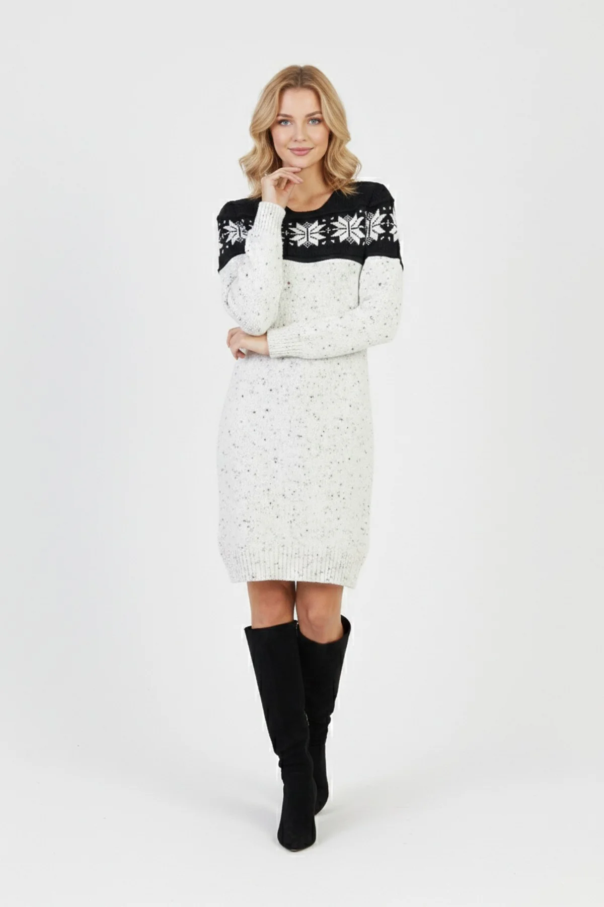 Kadın Beyaz Kar Tanesi Desenli Bisiklet Yaka Uzun Kollu Jakarlı Mini Triko Kazak Elbise