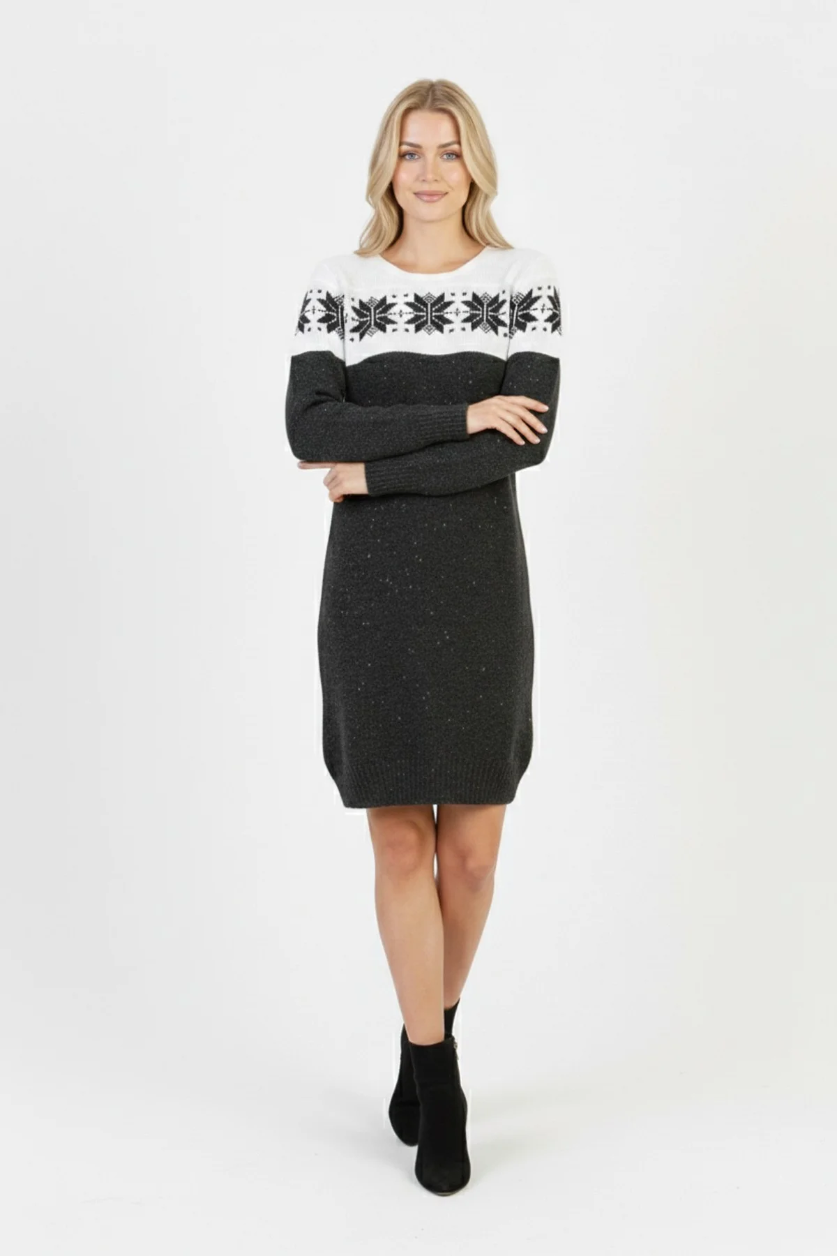 Kadın Füme Kar Tanesi Desenli Bisiklet Yaka Uzun Kollu Jakarlı Mini Triko Kazak Elbise