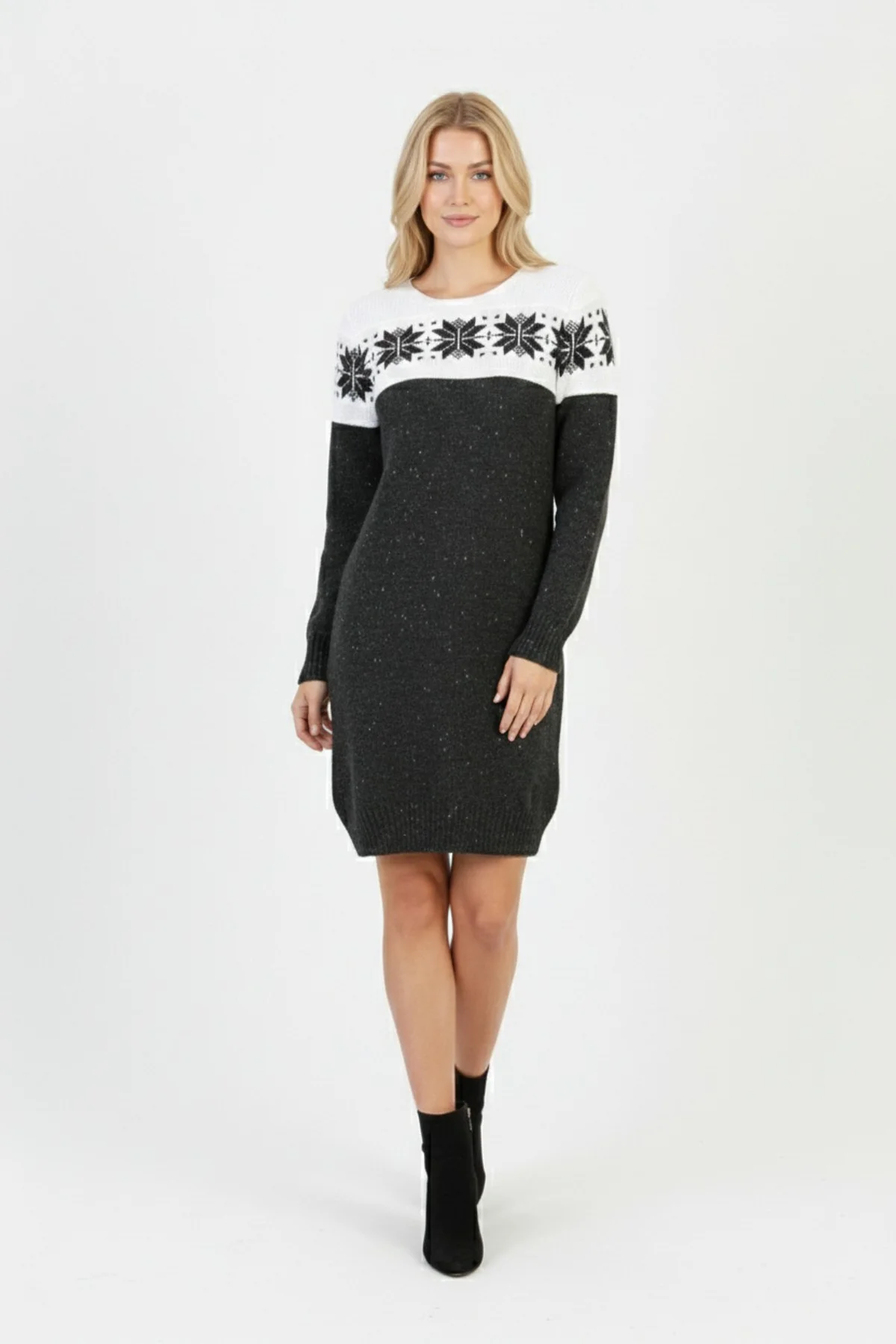 Kadın Füme Kar Tanesi Desenli Bisiklet Yaka Uzun Kollu Jakarlı Mini Triko Kazak Elbise