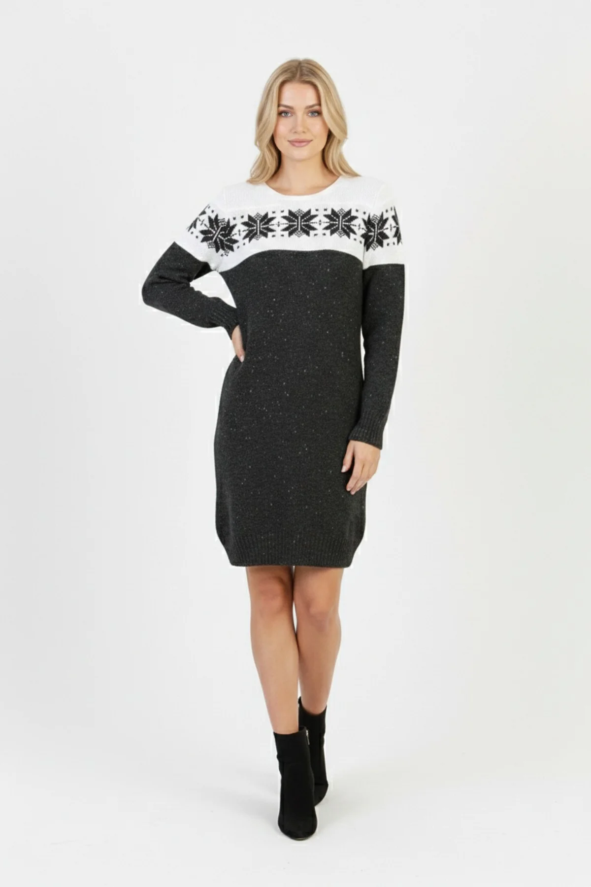 Kadın Füme Kar Tanesi Desenli Bisiklet Yaka Uzun Kollu Jakarlı Mini Triko Kazak Elbise