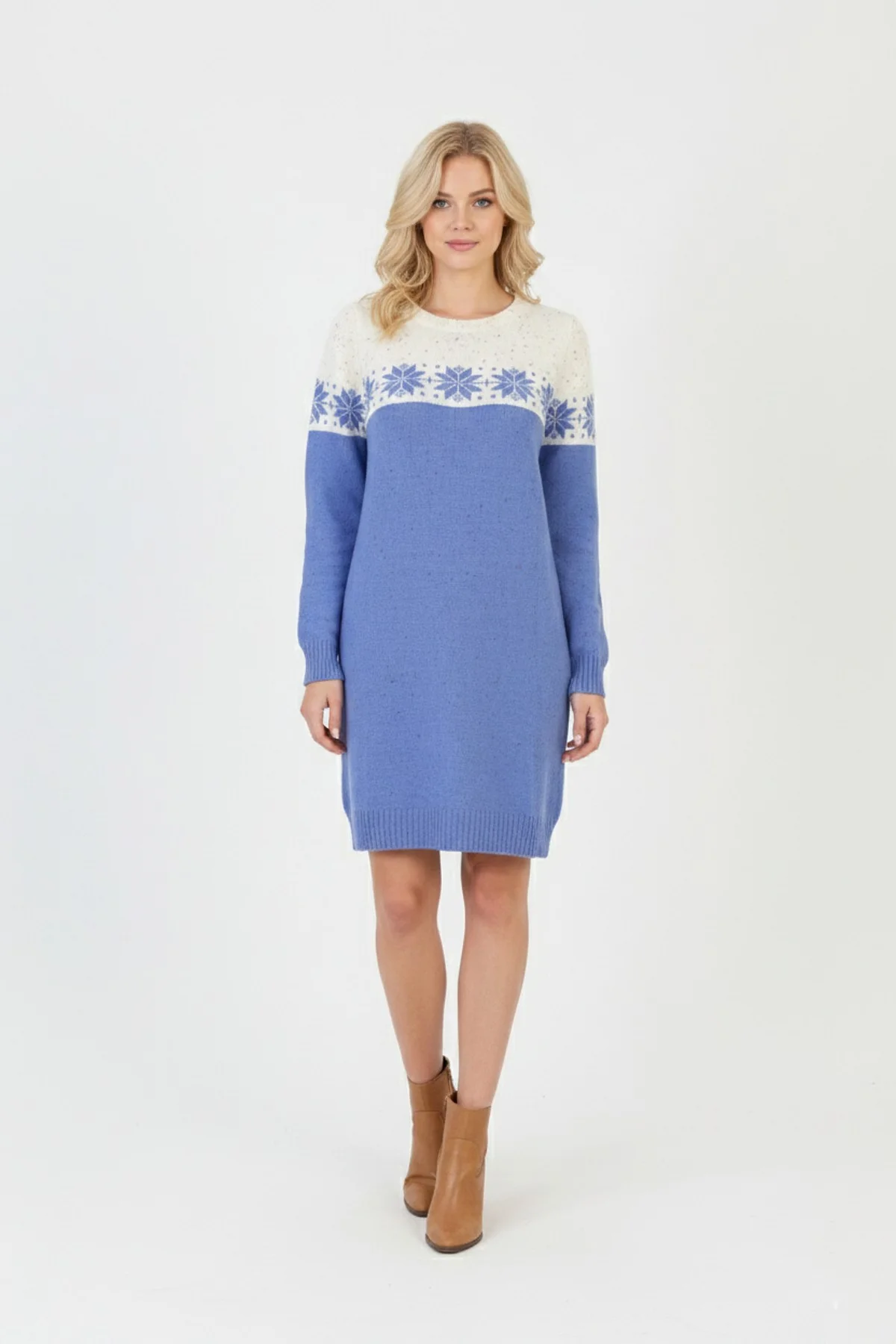 Kadın Mavi Kar Tanesi Desenli Bisiklet Yaka Uzun Kollu Jakarlı Mini Triko Kazak Elbise