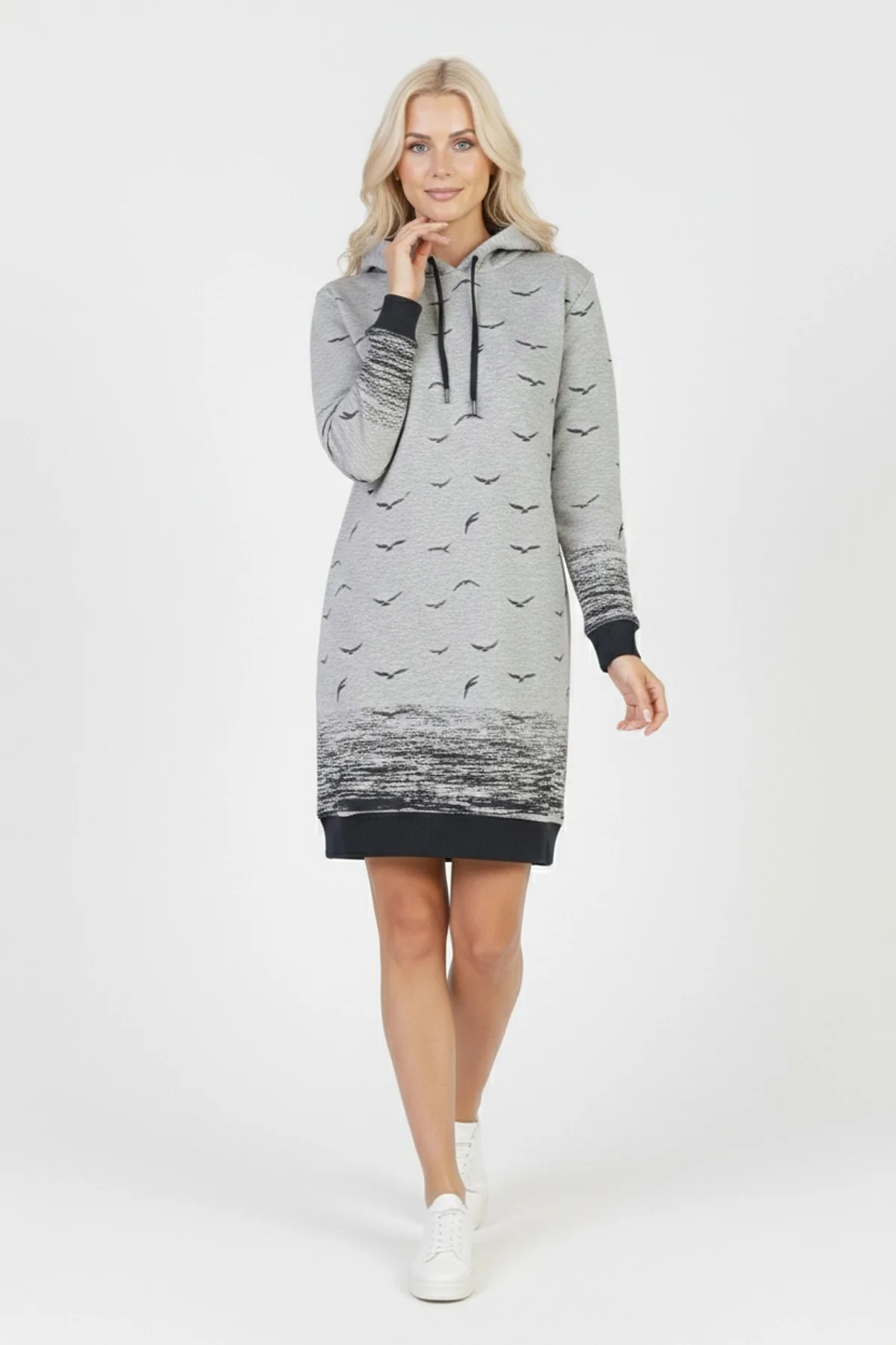 Kadın Gri Martı Desenli Kapüşonlu Cepli Uzun Kollu Jakarlı İnterlok Penye Sweatshirt Elbise