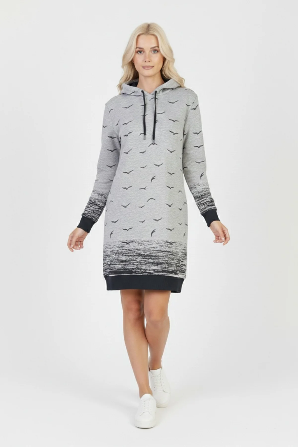 Kadın Gri Martı Desenli Kapüşonlu Cepli Uzun Kollu Jakarlı İnterlok Penye Sweatshirt Elbise