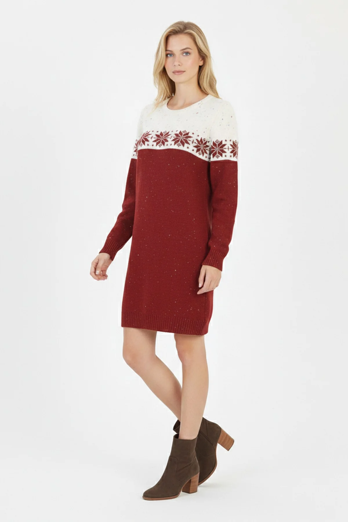 Kadın Kırmızı Kar Tanesi Desenli Bisiklet Yaka Uzun Kollu Jakarlı Mini Triko Kazak Elbise