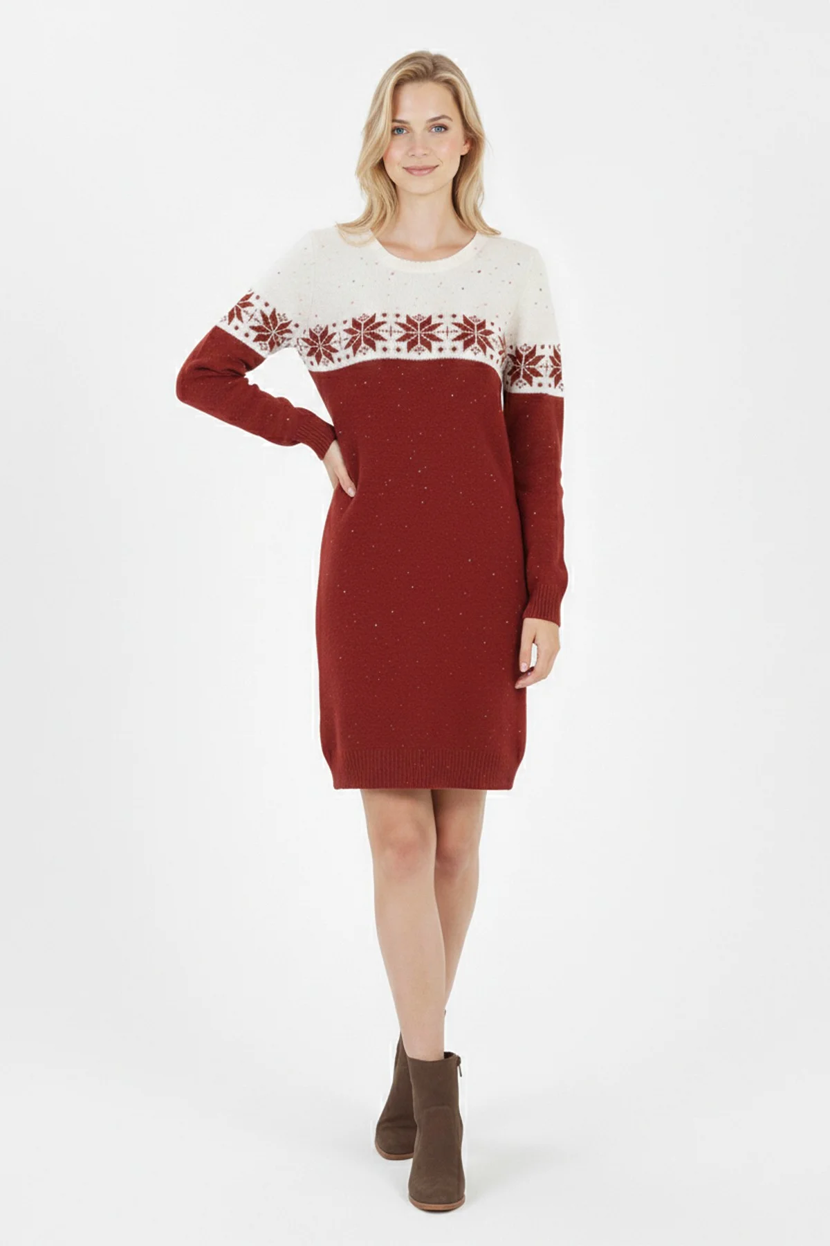 Kadın Kırmızı Kar Tanesi Desenli Bisiklet Yaka Uzun Kollu Jakarlı Mini Triko Kazak Elbise