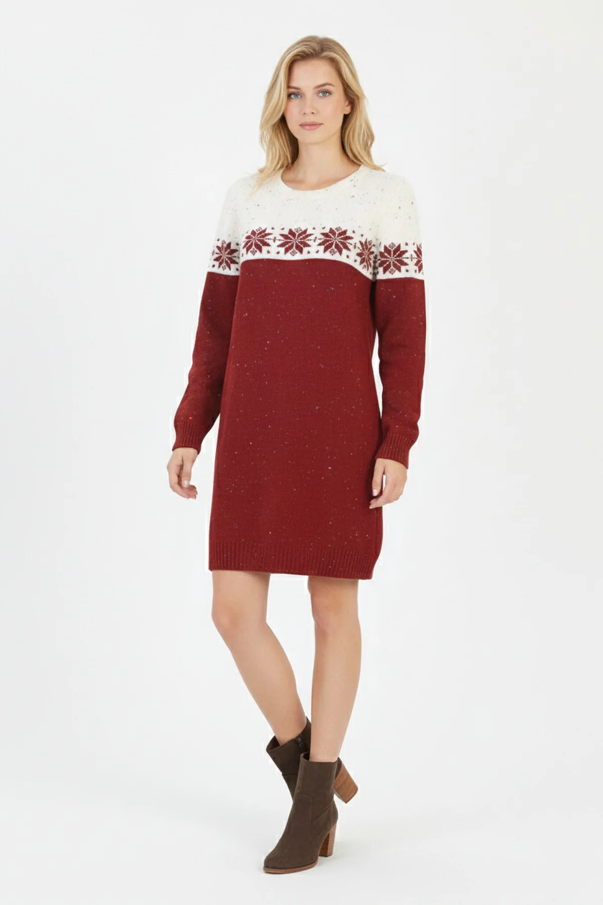 Kadın Kırmızı Kar Tanesi Desenli Bisiklet Yaka Uzun Kollu Jakarlı Mini Triko Kazak Elbise