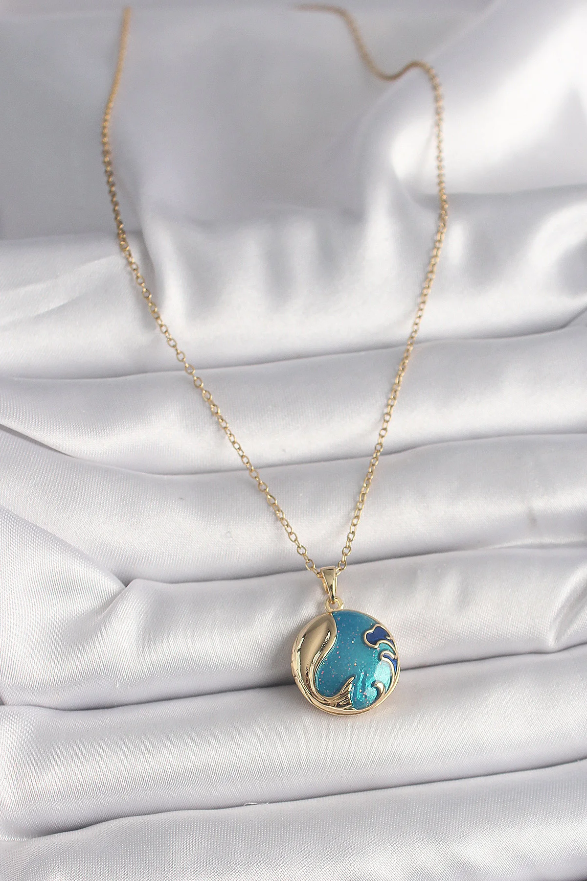316L Çelik Gold Renk Zincir Mavi Dünya Model Kadın Kolye