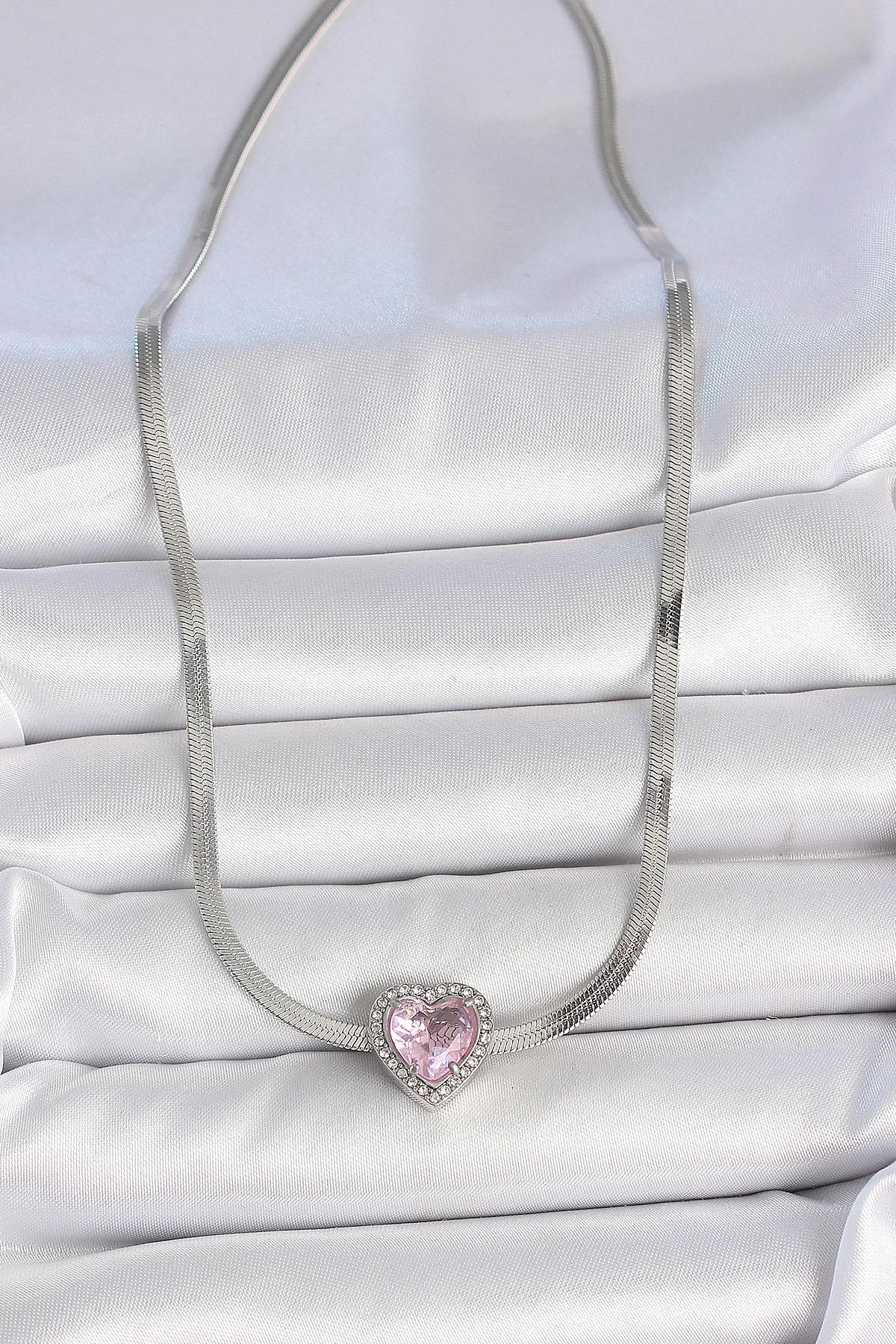 316L Çelik Gümüş Renk İtalyan Zincir Pembe Zirkon Taşlı Kalp Model Kadın Kolye