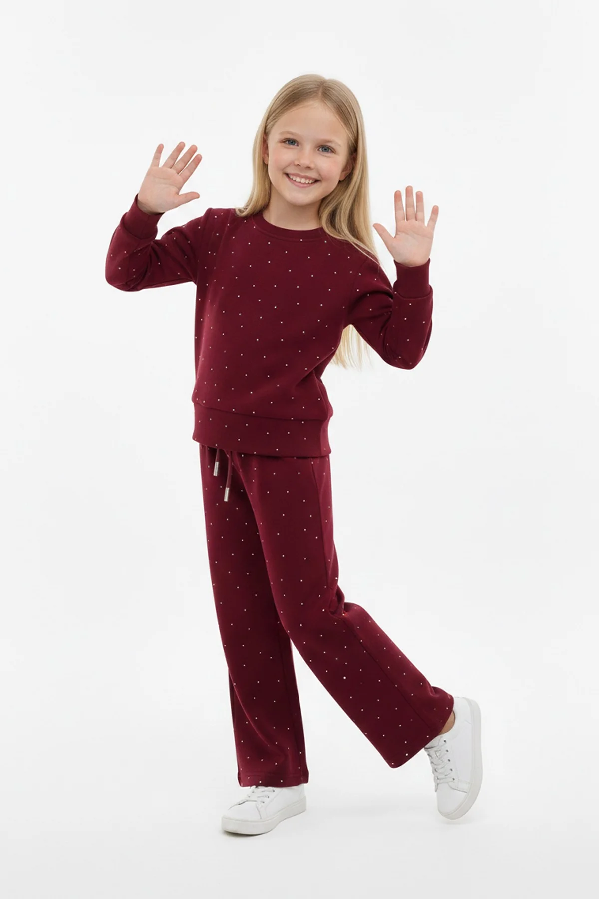 Kız Çocuk Parlak Taş İşlemeli Uzun Kollu Sweatshirt Ve Geniş Paça Takım