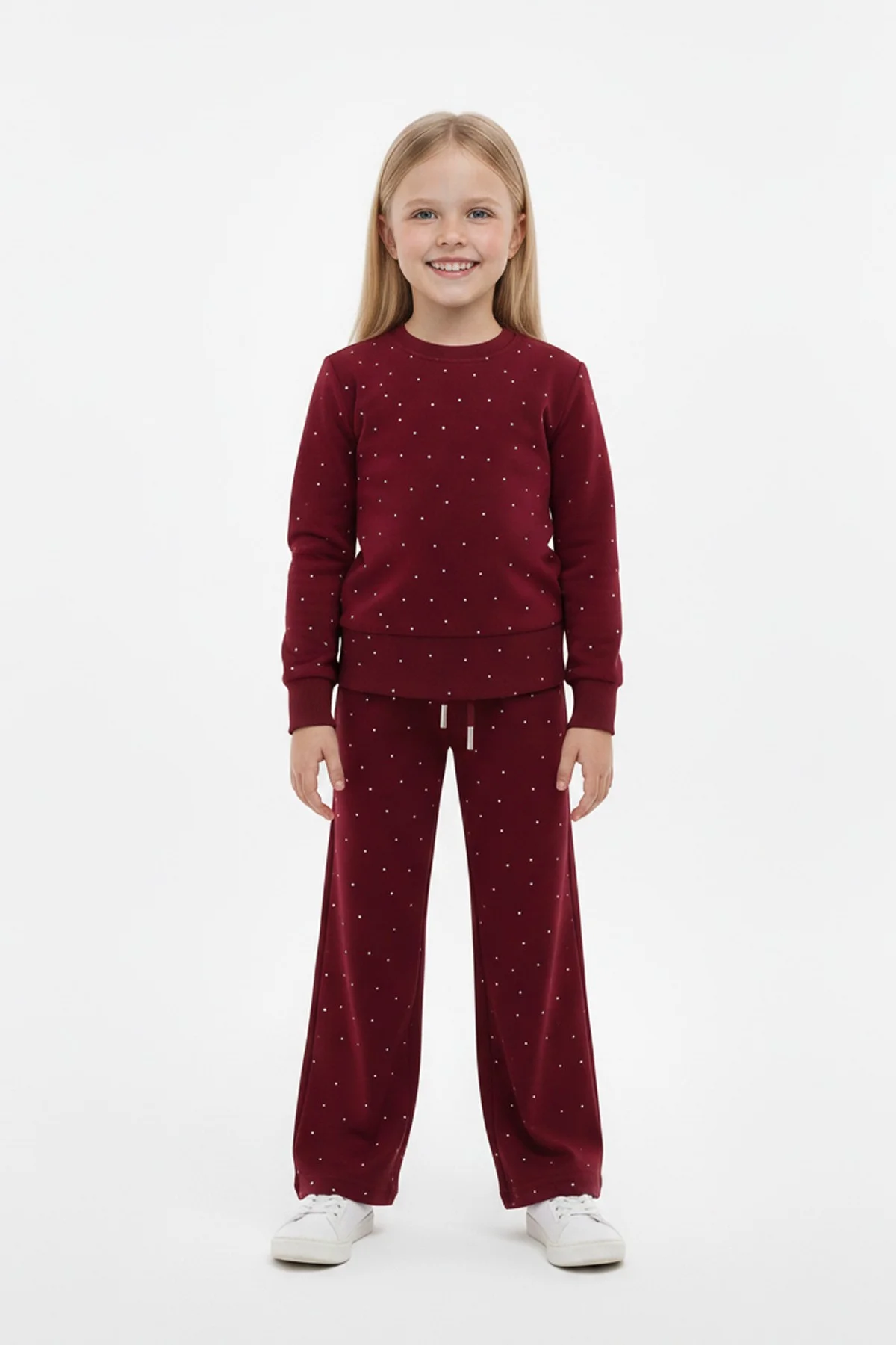 Kız Çocuk Parlak Taş İşlemeli Uzun Kollu Sweatshirt Ve Geniş Paça Takım
