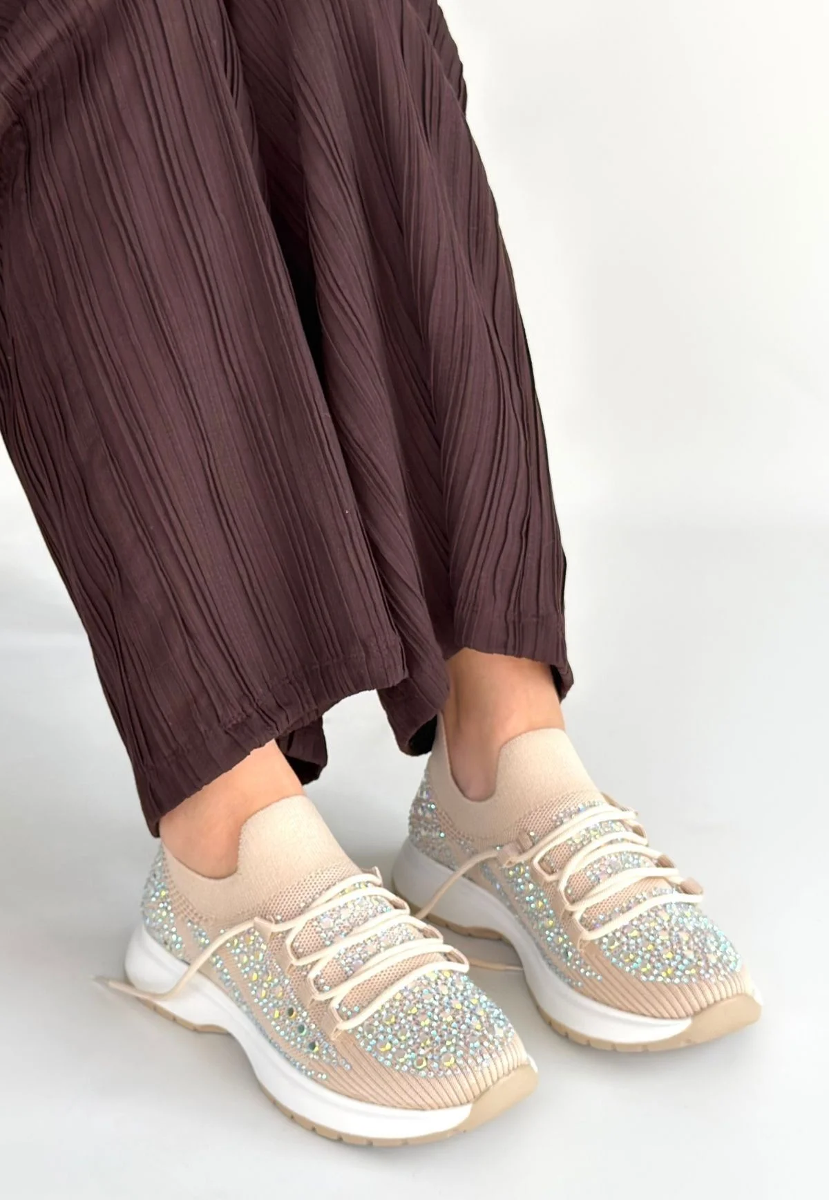 Ceas Bej Triko Bağcıklı Spor Ayakkabı