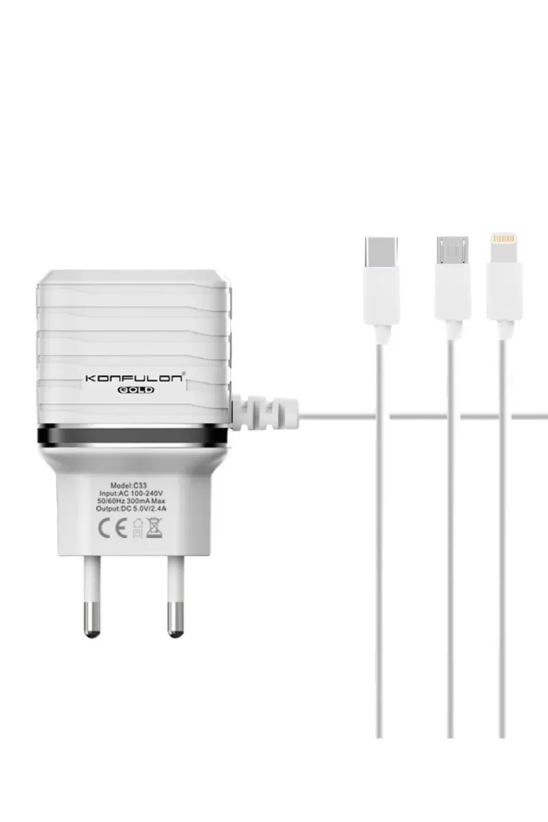 Konfulon C33 Hızlı Şarj Cihazı 3in1 (Dahili Micro USB Kablolu)