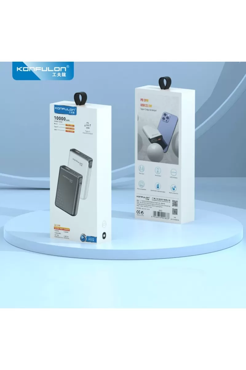 Konfulon A6Q 22.5W Usb 3.0 ve 20W Type-C Çıkışlı 10.000 mAh PD Powerbank - Siyah