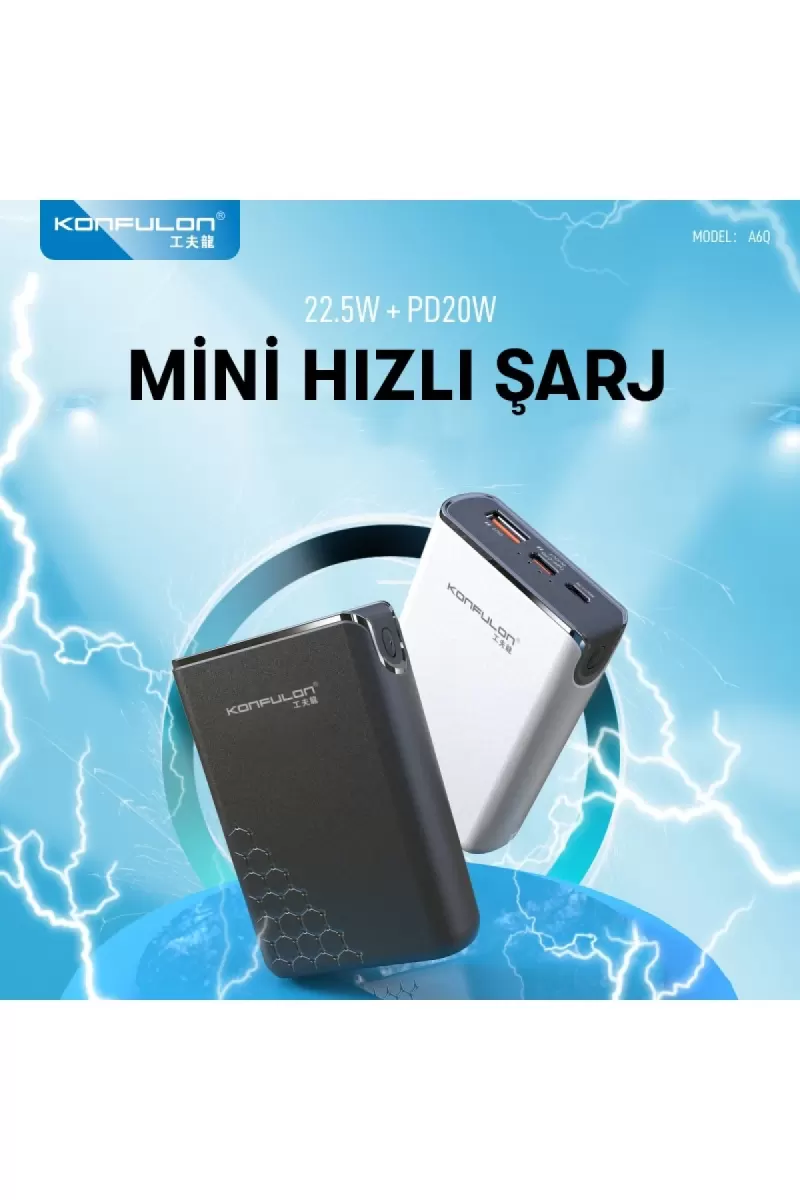 Konfulon A6Q 22.5W Usb 3.0 ve 20W Type-C Çıkışlı 10.000 mAh PD Powerbank - Siyah