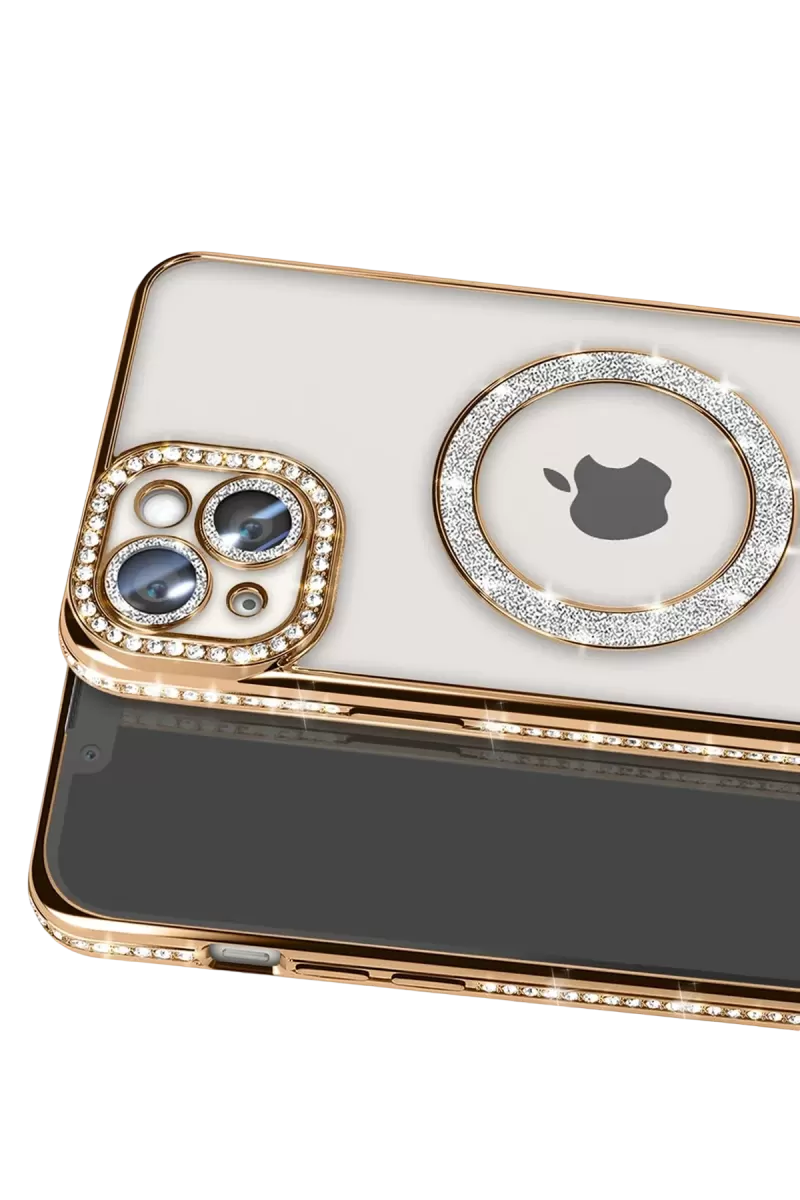 Newface Apple iPhone 15 Kılıf Joke Simli Magneticsafe Kılıf - Gold