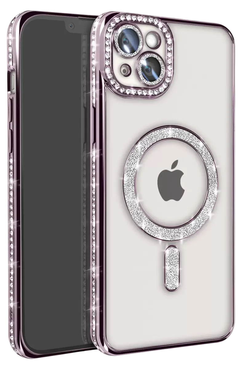 Newface Apple iPhone 15 Kılıf Joke Simli Magneticsafe Kılıf - Derin Mor