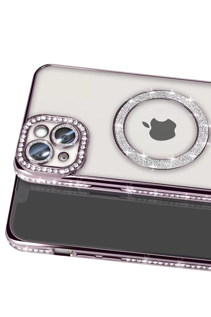 Newface Apple iPhone 15 Kılıf Joke Simli Magneticsafe Kılıf - Derin Mor