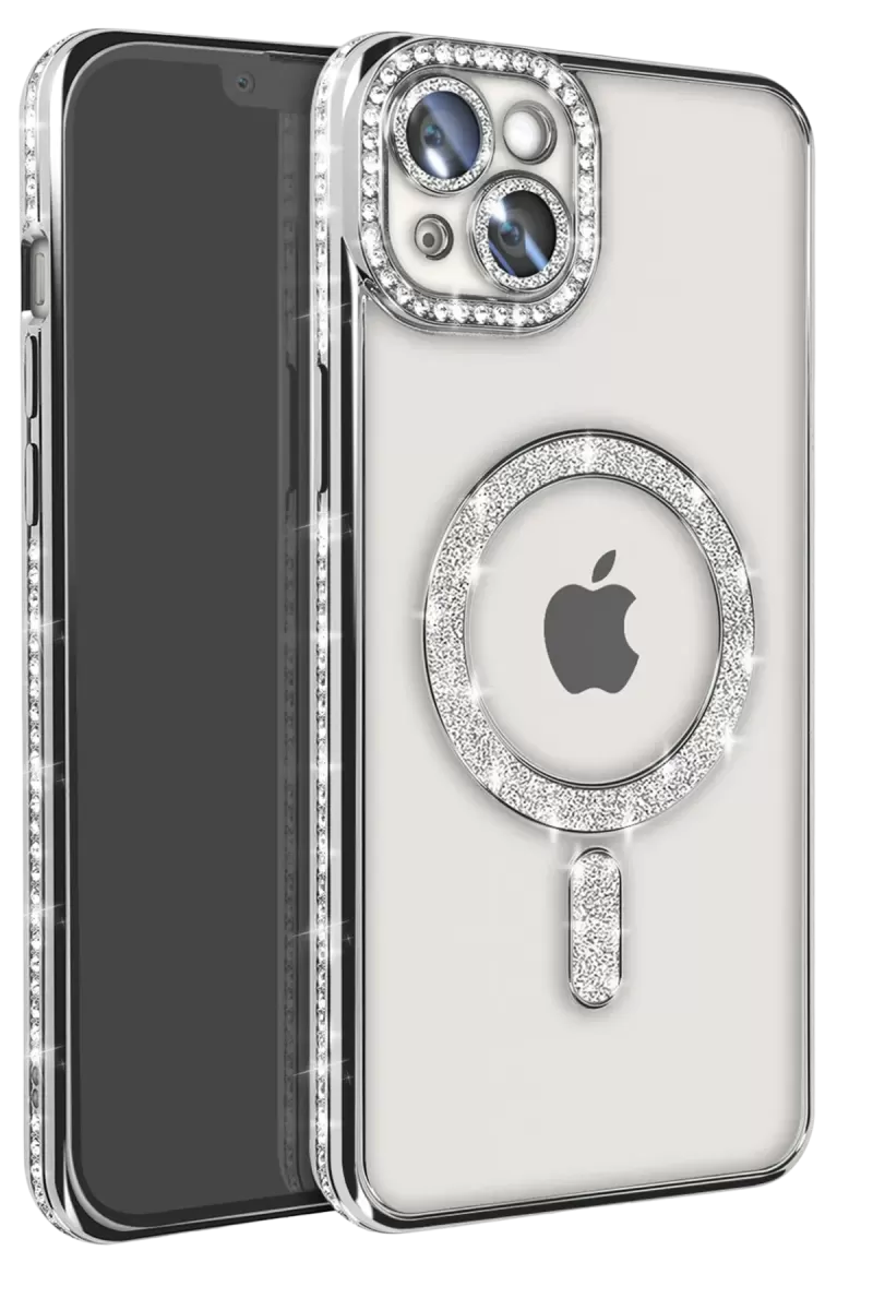 Newface Apple iPhone 15 Kılıf Joke Simli Magneticsafe Kılıf - Gümüş