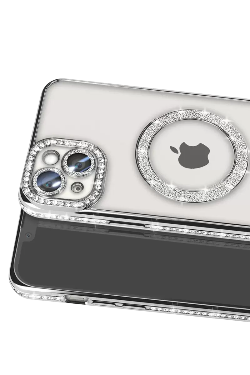 Newface Apple iPhone 15 Kılıf Joke Simli Magneticsafe Kılıf - Gümüş