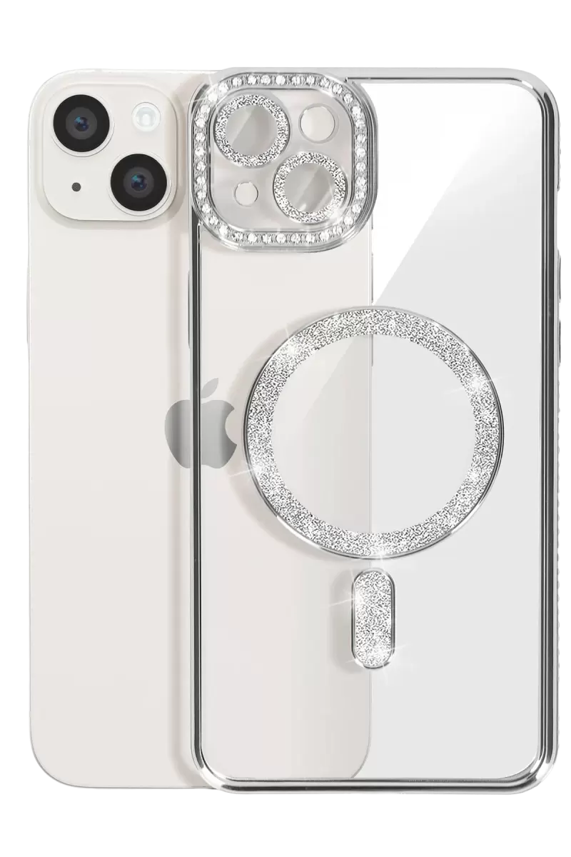 Newface Apple iPhone 15 Kılıf Joke Simli Magneticsafe Kılıf - Gümüş