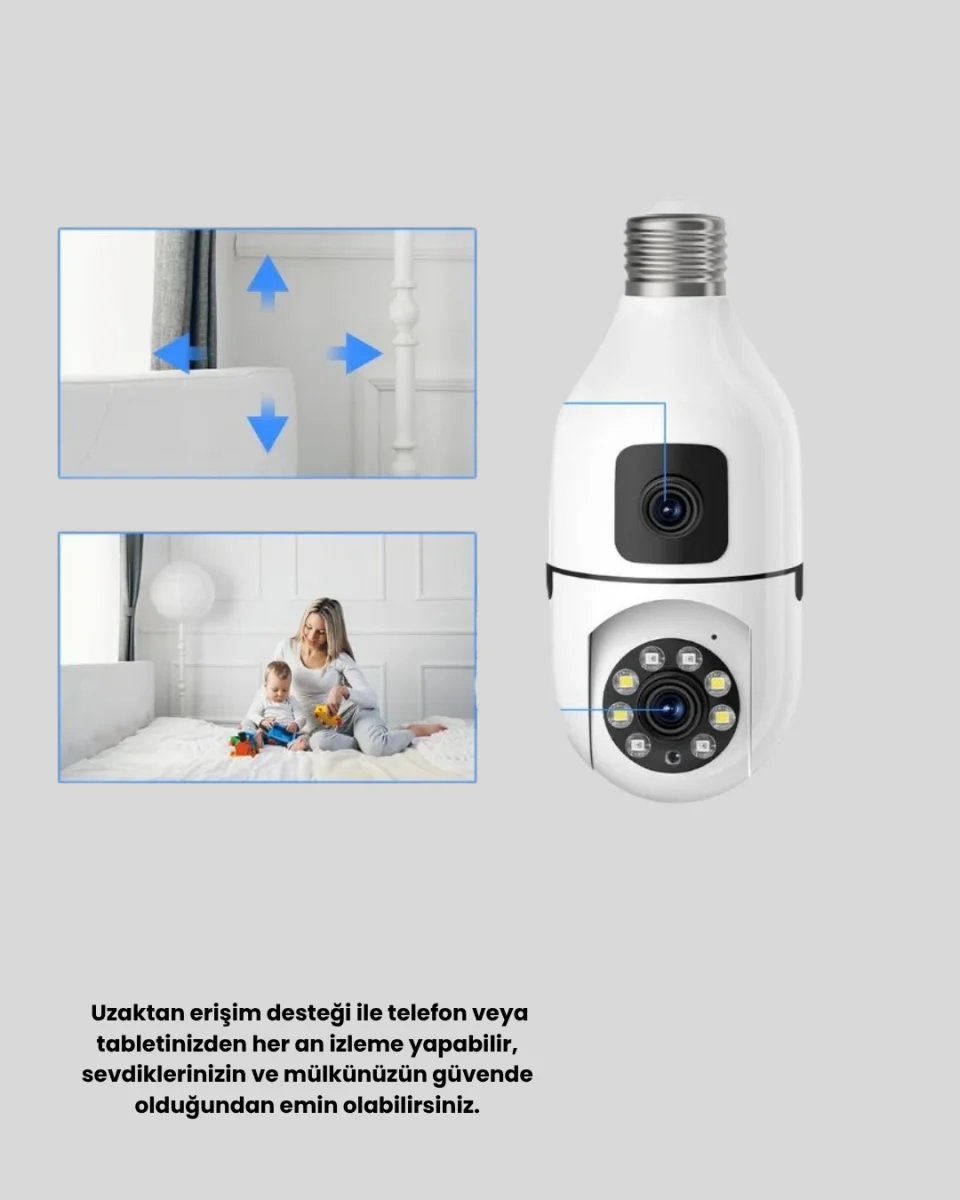 Ampul Tipi WiFi Kamera 2MP Lensli Full HD Görüntü ve Akıllı Hareket Algılama (Kopya)