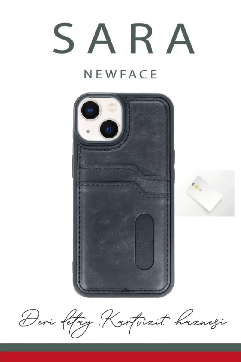Newface Apple iPhone 14 Kılıf Sara Kartvizitli Deri Kılıf - Lacivert
