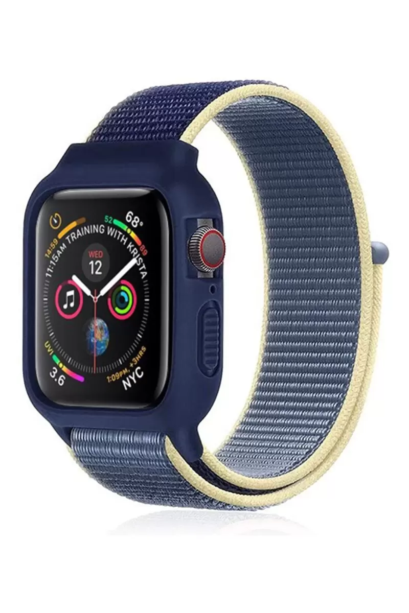 Newface Apple Watch 38mm Hasırlı Cırtcırtlı Kasalı Kordon - Sarı-Lacivert
