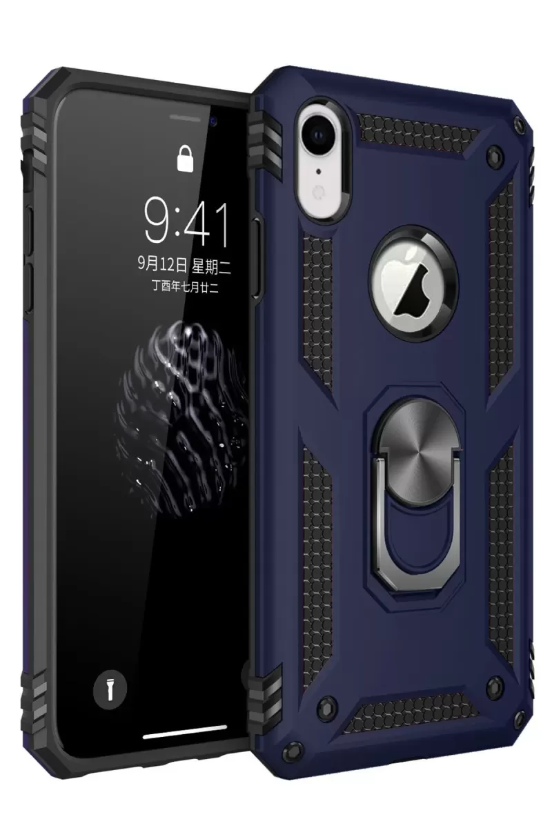 Newface Apple iPhone XR Kılıf Sofya Yüzüklü Silikon Kapak - Lacivert