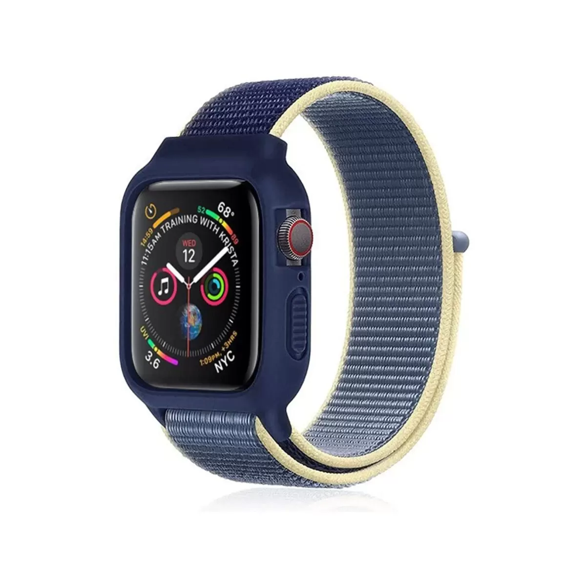 Newface Apple Watch 42mm Hasırlı Cırtcırtlı Kasalı Kordon - Sarı-Lacivert