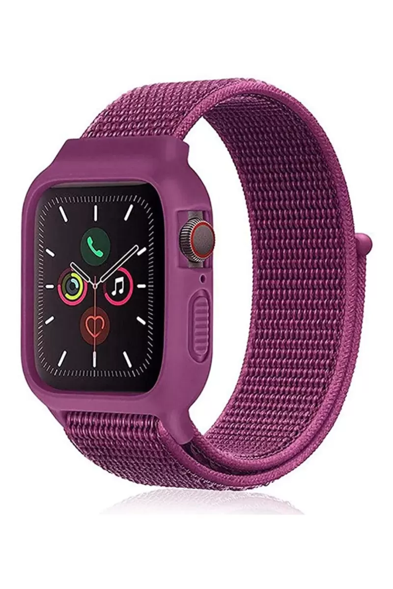Newface Apple Watch 38mm Hasırlı Cırtcırtlı Kasalı Kordon - Fuşya