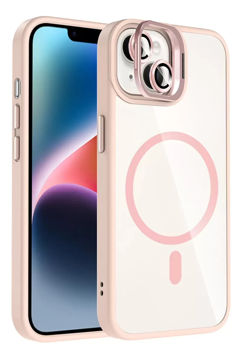 Joko Apple iPhone 15 Plus Remim Lensli Magsafe Standlı Kapak - Pembe