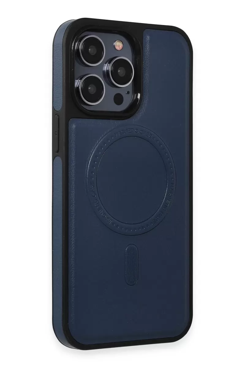 Newface Apple iPhone 15 Pro Kılıf Ozzi Magsafe Deri Kapak - Lacivert