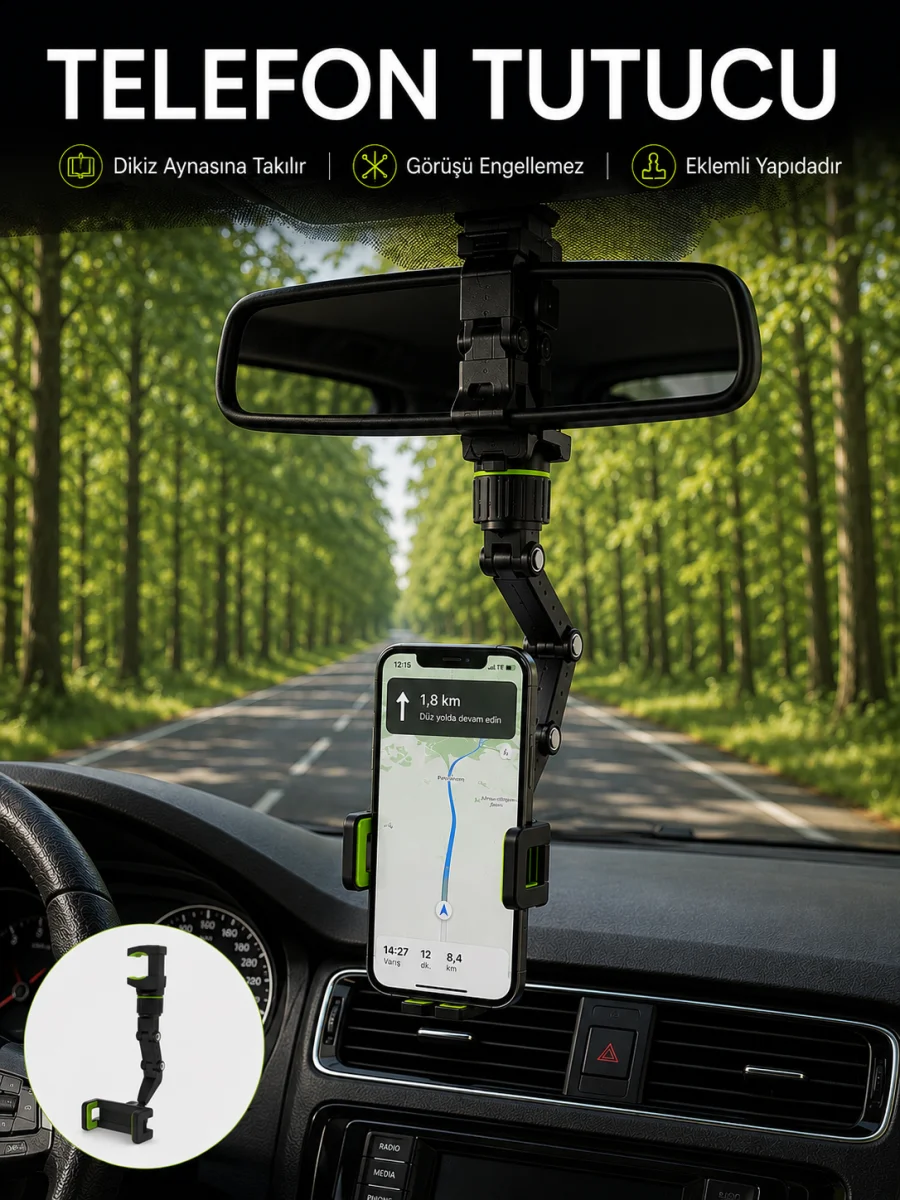 Araç İçi Dikiz Aynası Telefon Tutucu 360° Dönebilen Katlanabilir