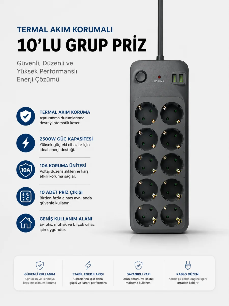 Termal Akım Korumalı USB Type-C Girişli 10'lu Grup Priz 2500W Güç Kapasitesi
