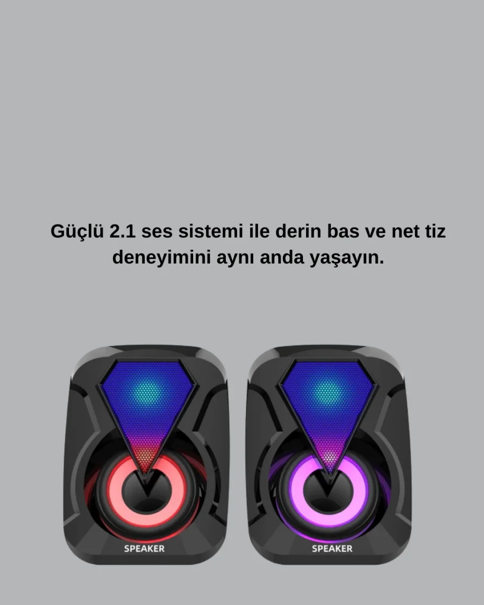 2+1 RGB LED Işıklı Güçlü Bas Sistemli Bilgisayar Hoparlörü