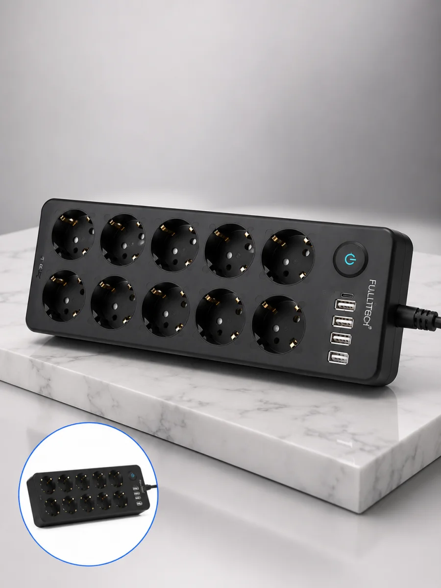 10 Prizli USB Destekli Çoklu Priz Type-C Şarj Girişli Güvenli Güç Ünitesi