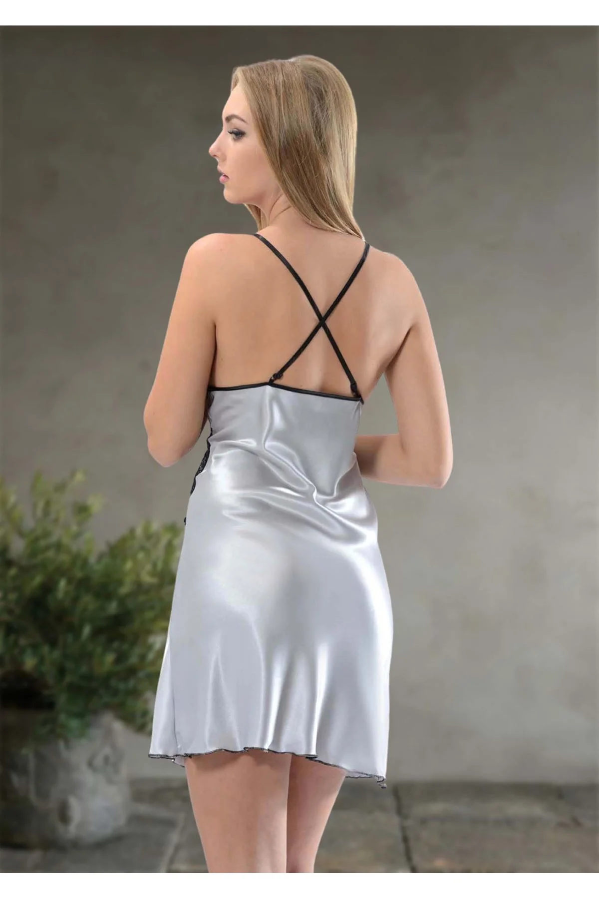 Gri Dantelli Saten Gecelik - M-386