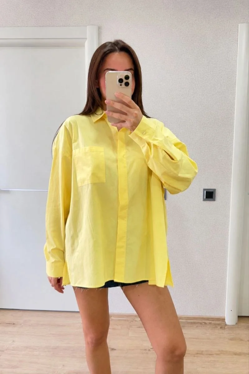 Kadın Oversize Pens Detaylı Cepli Yırtmaçlı Rahat Kalıp Poplin Gömlek - Yeşil