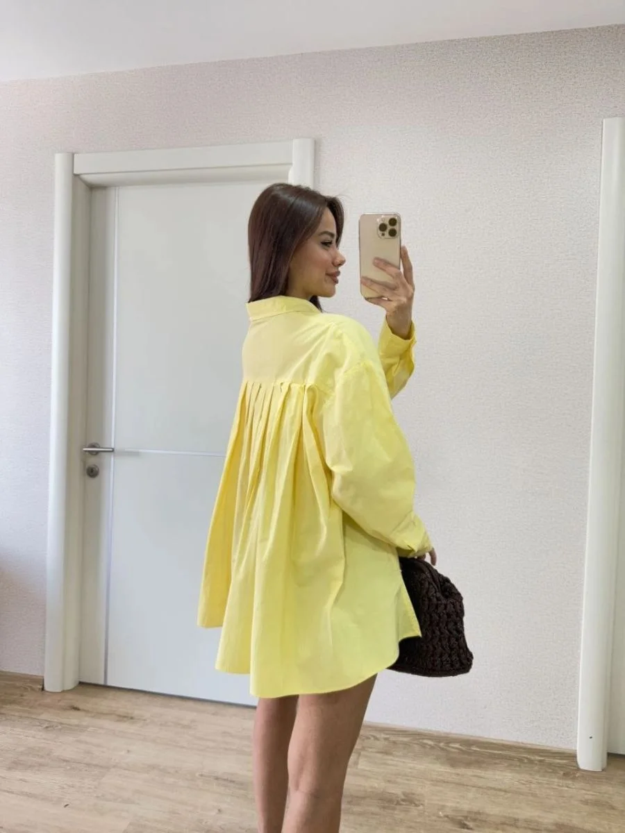 Kadın Oversize Pens Detaylı Cepli Yırtmaçlı Rahat Kalıp Poplin Gömlek - Yeşil